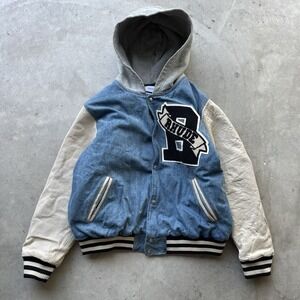 Rhude FW22 Varsity Jacket XL Denim‎ Lambskin Leather Sleeves Hooded Hybrid
